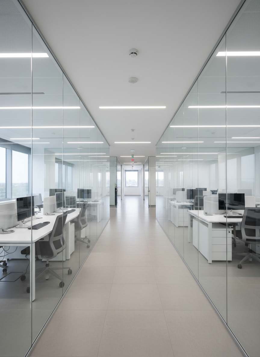 A meticulously maintained, modern office interior with spotless glass partitions, gleaming light-gray tiled floors, and dust-free white work surfaces arranged in clean lines. No people are present; only neatly aligned ergonomic chairs, polished desks, and pristine computer monitors. The environment shows subtle reflections on the floor and glass, emphasizing cleanliness. Soft natural daylight streams through large windows, complemented by cool-white ceiling LEDs, creating bright, even illumination with minimal shadows. Photographed at eye level with a wide-angle lens, the composition follows the rule of thirds, leading the eye down a perfectly tidy corridor of workstations. The mood is professional, efficient, and hygienic, with photographic realism and a clean, contemporary aesthetic ideal for a premium facility management and cleaning service website.