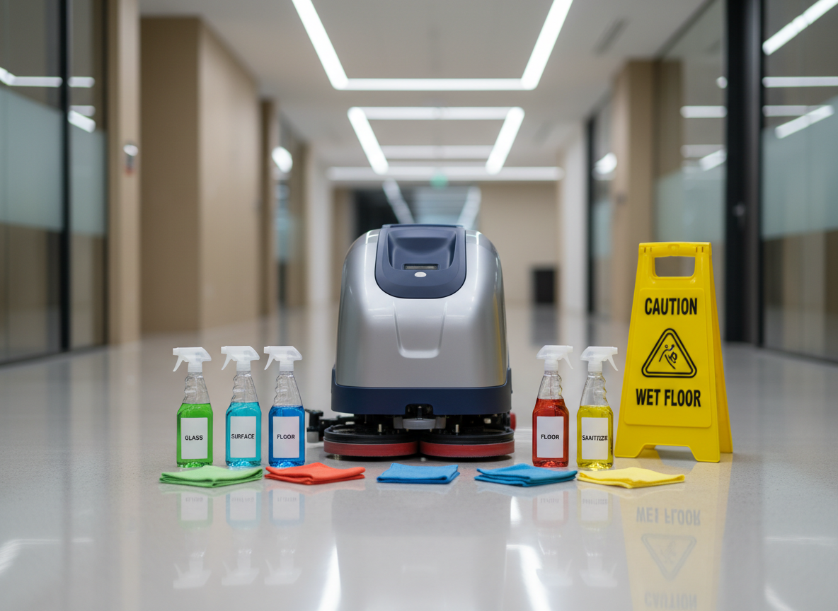 A close-up, photographic realism shot of premium cleaning equipment arranged on a smooth, spotless floor in a commercial interior. A modern, compact floor cleaning machine with a polished metallic and blue housing stands in the center, its surfaces free of streaks. Around it, color-coded spray bottles, neatly folded microfiber cloths, and a closed yellow wet floor sign are organized in a precise, symmetric layout. The background shows a softly blurred, clean office hallway with neutral colors and subtle reflections on the floor. Cool, even LED lighting from above creates soft highlights on plastic and metal surfaces, with minimal shadow. Captured from a slightly elevated angle with shallow depth of field, the composition conveys professionalism, reliability, and technical competence for a facility management and cleaning provider.