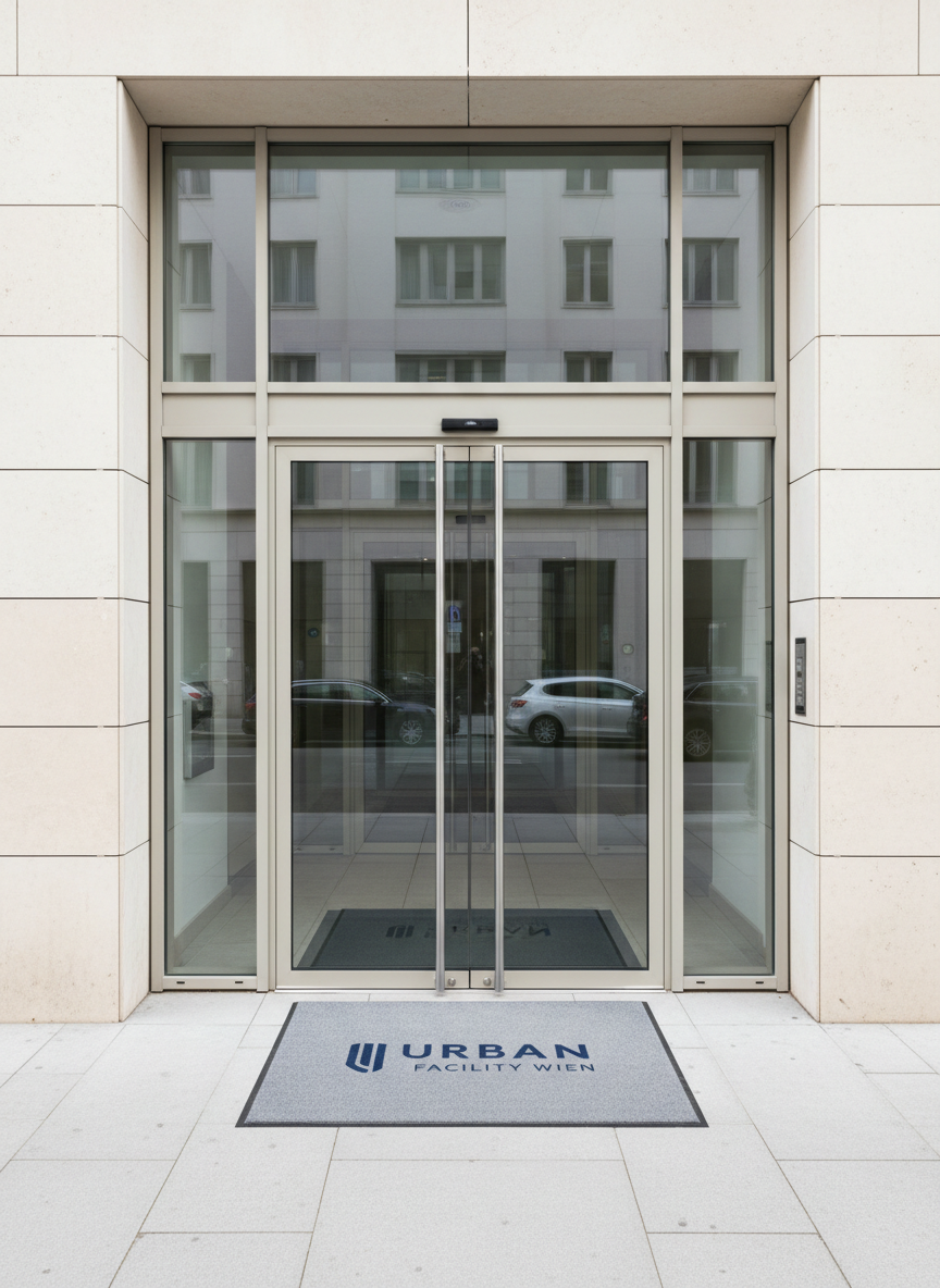 An exterior view of the entrance area of a mid-sized office or mixed-use building in Vienna, with immaculately clean glass doors, fingerprint-free stainless steel door handles, and freshly swept stone paving. The building façade combines light neutral stone and glass, both appearing dust-free and well-maintained. A subtle, branded doormat lies perfectly aligned at the entrance, free of debris. Soft overcast daylight provides diffused, shadow-free illumination, bringing out the textures of the stone and metal without harsh contrasts. The street scene is minimal and contains no people, parked cars kept in the far background and softly out of focus. Photographed from a slightly elevated, frontal angle, the composition feels balanced and orderly, conveying reliability, professionalism, and ongoing care typical of a quality facility management and cleaning service in an urban Austrian context.