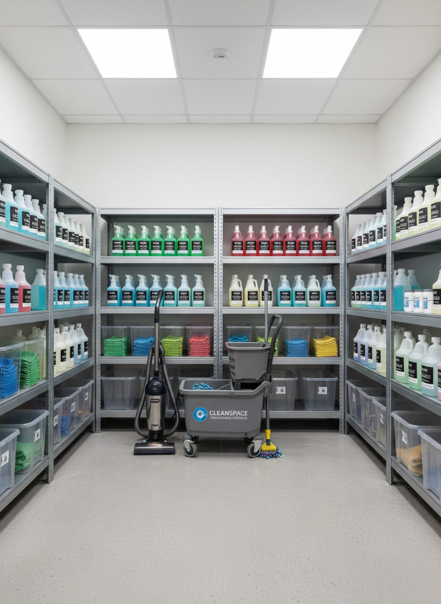 A tidy janitor’s storage room belonging to a professional facility management company, showcasing meticulously organized cleaning supplies and equipment. Wall-mounted shelving holds neatly arranged, color-coded bottles, labeled containers, and stacks of folded microfiber cloths in coordinated colors. On the floor, a modern vacuum cleaner, mop system with clean replacement heads, and a closed, clearly branded cleaning trolley stand in a precise, intentional layout. The walls are freshly painted white, and the light-gray floor is spotless. Bright, neutral LED ceiling lights provide even, shadow-minimized illumination, emphasizing order and cleanliness. Shot from an eye-level perspective with sharp focus throughout, the composition uses symmetrical framing to highlight system and structure. The mood is highly professional, efficient, and trustworthy, captured with clean, realistic photography that reflects the reliability of a top-tier building cleaning service.