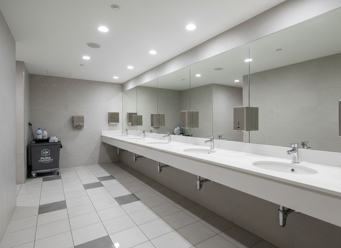 A spotless commercial bathroom interior meticulously cleaned, with a row of gleaming white ceramic sinks embedded in a smooth, light-gray stone countertop and mirror panels that are completely free of streaks or spots. Chromed faucets sparkle under bright, neutral LED downlights, casting crisp but gentle reflections on the polished surfaces. The tiled floor, in a subtle gray pattern, appears freshly mopped with a soft sheen. No people or personal items are visible, only a discreetly placed, closed cleaning caddy in one corner to suggest professional service. Photographed at eye level with a moderate wide-angle lens, the composition emphasizes symmetry, clarity, and depth, creating a hygienic, trustworthy, and high-end atmosphere in clean, modern photographic realism suitable for a professional cleaning company website.