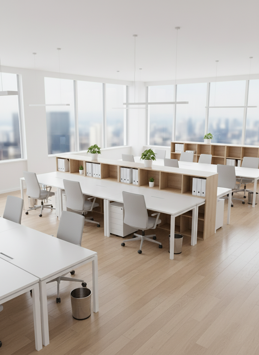 An immaculate open-plan co-working space after a professional cleaning, with uncluttered white desks, cable-free surfaces, and dust-free shelves featuring a few neatly aligned binders and plants in pristine white pots. The light oak flooring has a subtle satin sheen, suggesting recent mopping and polishing. Large floor-to-ceiling windows reveal a softly blurred cityscape, while daylight floods the room, complemented by slim, modern pendant lights, creating balanced, bright lighting. No people are present; chairs are neatly pushed in, and trash bins are perfectly empty. Photographed from a corner at a slightly elevated angle, the composition leads the eye diagonally across the room, showcasing depth and order. The mood is calm, productive, and hygienic, rendered in contemporary photographic realism ideal for promoting office cleaning and facility management services.