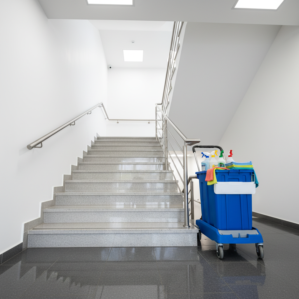 A freshly cleaned building staircase in a residential or office complex, featuring flawlessly scrubbed light stone steps, a stainless steel handrail without fingerprints, and perfectly wiped white walls. The floor at the bottom of the stairs shines with a subtle reflection, showing the effect of recent mopping. A neat, closed janitorial cart with branded colors stands to the side, stocked with organized, color-coded cleaning bottles and folded microfiber cloths, but with no person present. Bright, diffused lighting from overhead fixtures creates an evenly lit scene, with gentle shadows under the stairs. Shot from a slightly low angle looking upward, the composition emphasizes depth and order. The atmosphere is safe, reliable, and well-maintained, captured in crisp photographic realism for a professional building cleaning service presentation.